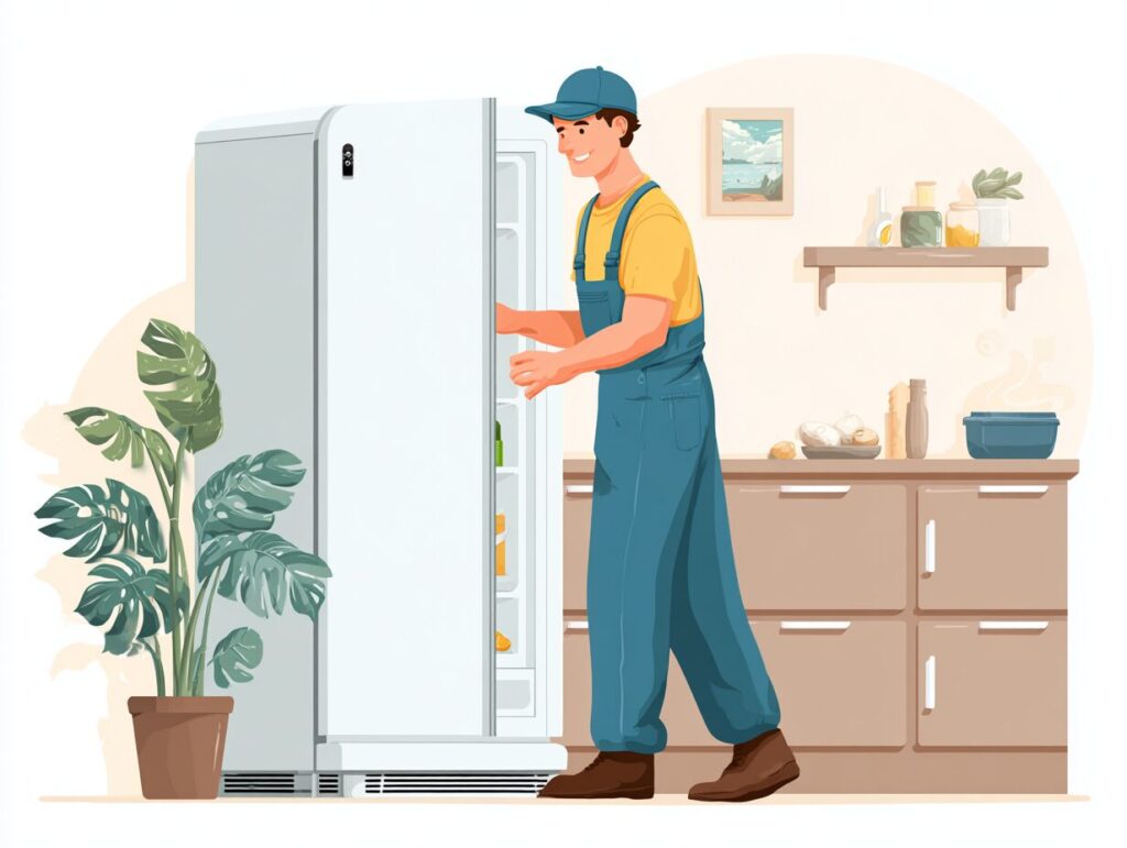 A_technician_performing_regular_maintenance_on_a_refrigerator